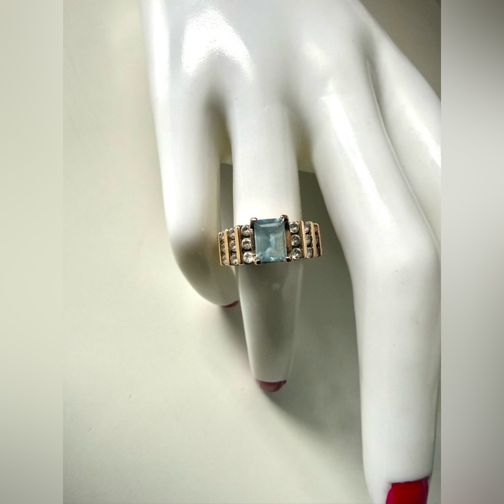 Stamped 10K Yellow Gold Ring with Aquamarine and Zirconias